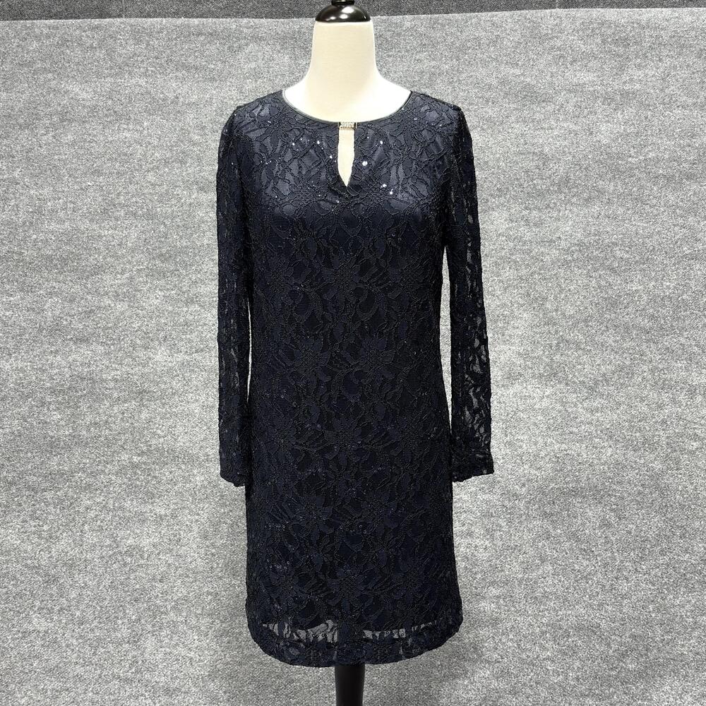 Tahari Arthur S Levine Dress Womens 6 Navy Lace Sequin Long Sleeve Sheath